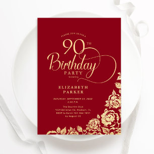 Simple Elegant 90th Birthday Red Gold Roses Invitation