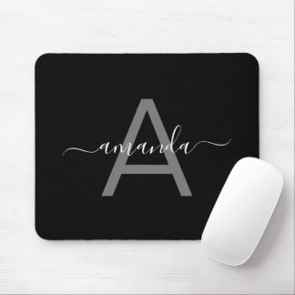 Simple Elegant Add Your Name & Monogrammed Black Mouse Pad