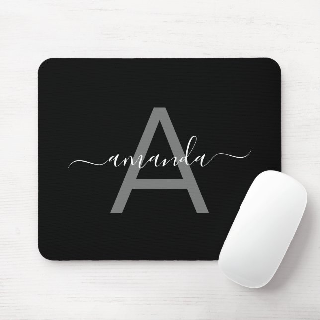 Simple Elegant Add Your Name & Monogrammed Black  Mouse Pad (With Mouse)