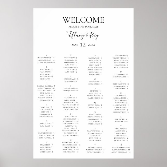 Simple Elegant Alphabetical Seating Chart (Front)