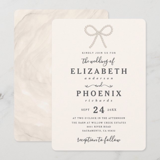 Simple Elegant Antique Pearl Pearl Bow Wedding Invitation (Front/Back)