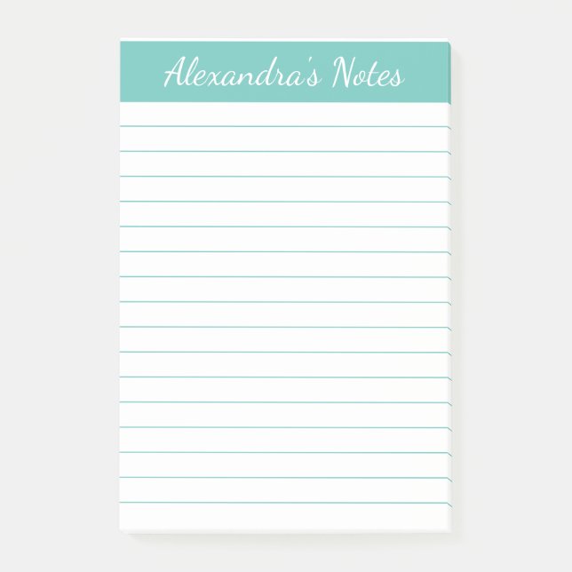 Simple Elegant Aqua Lined Personalised Post-it Notes (Front)