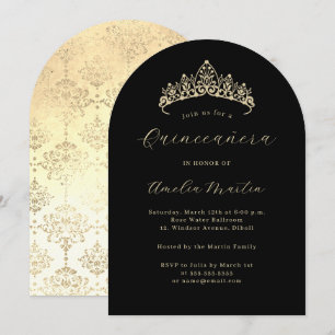 Simple Elegant Arch Black Gold Tiara Quinceanera Invitation