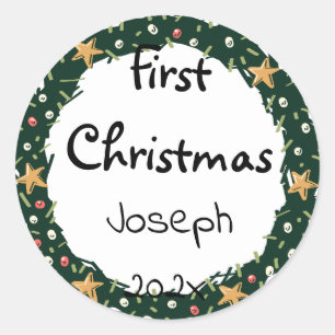 simple elegant baby first christmas customise  classic round sticker