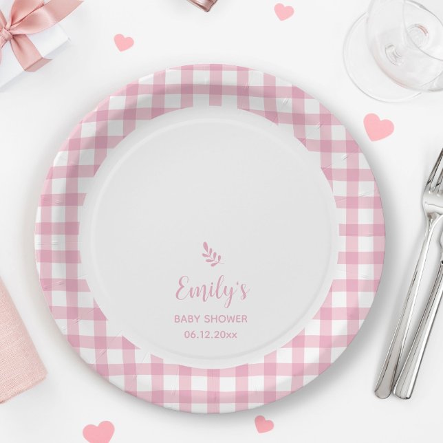 Simple Elegant Baby Pink Gingham Girl Baby Shower Paper Plate (Creator Uploaded)