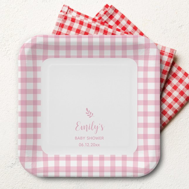 Simple Elegant Baby Pink Gingham Girl Baby Shower Paper Plate (Creator Uploaded)