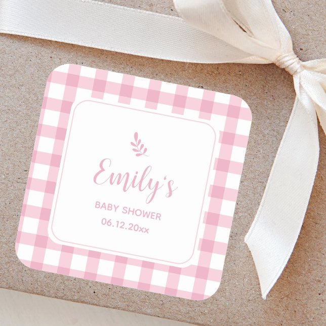 Simple Elegant Baby Pink Gingham Girl Baby Shower Square Sticker (Creator Uploaded)
