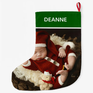 Simple Elegant Baby's First Christmas 1 Photo Large Christmas Stocking