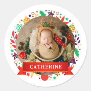 Simple Elegant Baby's First Christmas Custom Name  Classic Round Sticker