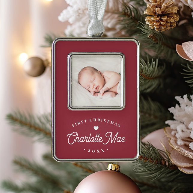 Simple Elegant Baby's First Christmas Photo Silver Plated Framed Ornament (Creator Uploaded)