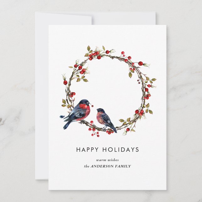 Simple Elegant Beautiful Bird Holly Berry Wreath Holiday Card (Front)