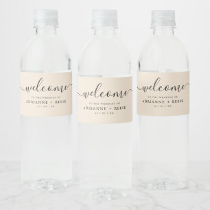 Simple Elegant Beige and Black Wedding Water Bottle Label