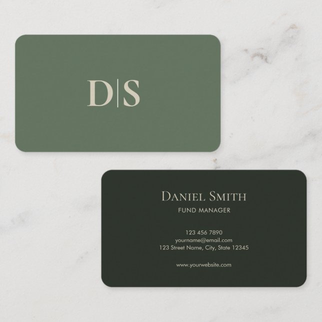 Simple Elegant Beige on Dark Muted Green Initials Business Card (Front/Back)