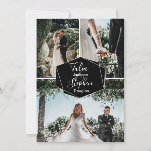 Simple elegant black 3 photo grid collage wedding invitation