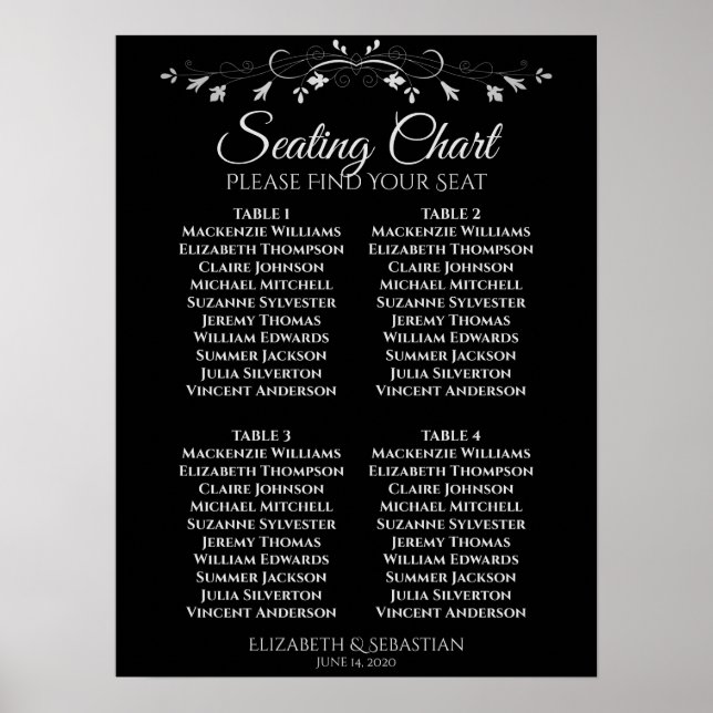 Simple Elegant Black 4 Table Wedding Seating Chart (Front)