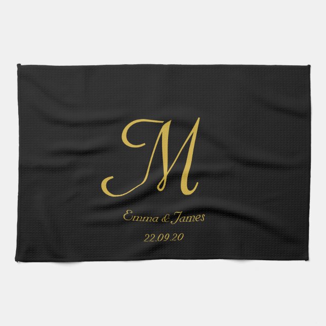Simple Elegant Black and Gold Monogram Name Tea Towel (Horizontal)