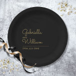 Simple Elegant Black And Gold Script Paper Plate<br><div class="desc">A classic design that features the happy couple's names set in an elegant gold script above the special date on a black background. Designed by Thisisnotme©</div>