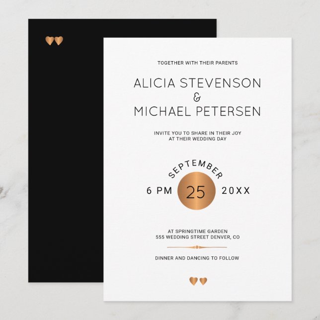 Simple elegant black and metallic copper wedding invitation (Front/Back)