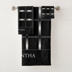 Simple Elegant Black And Silver Geometric Squares Bath Towel Set