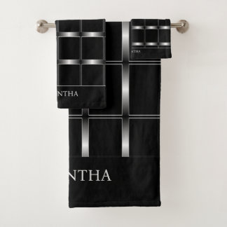 Simple Elegant Black And Silver Geometric Squares Bath Towel Set