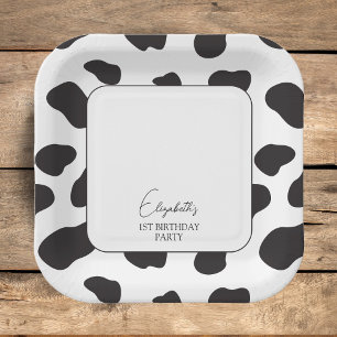 Simple Elegant Black and White Cow Birthday Party Paper Plate