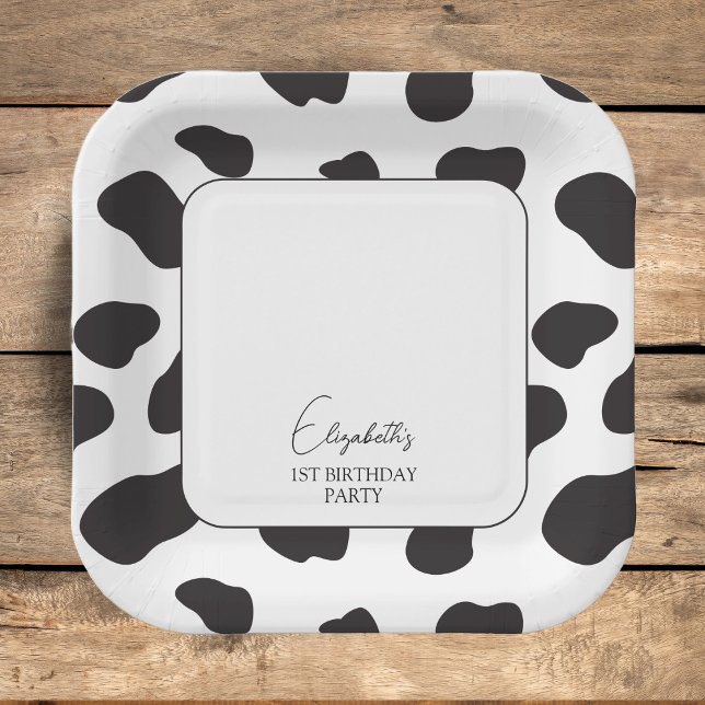Simple Elegant Black and White Cow Birthday Party Paper Plate (Creator Uploaded)