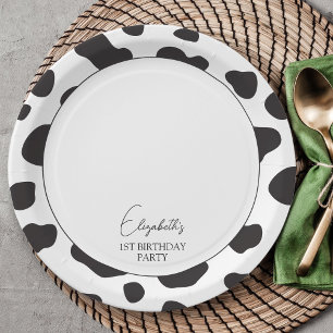 Simple Elegant Black and White Cow Birthday Party Paper Plate