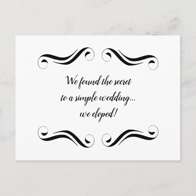 Simple Elegant Black and White Elopement Announcement Postcard (Front)