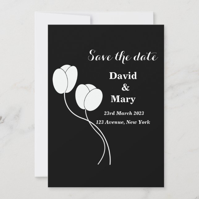 Simple Elegant Black and White Floral  Save The Date (Front)