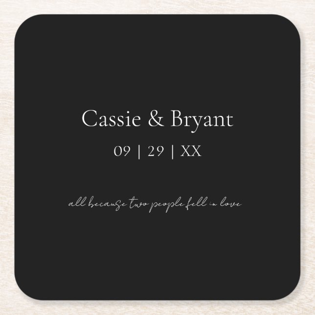 Simple Elegant Black and White Gothic Wedding Square Paper Coaster (Front)