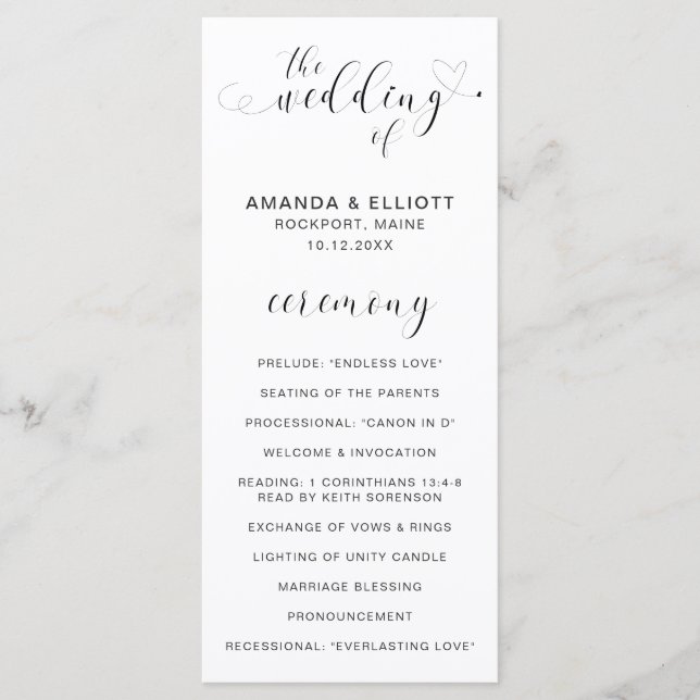 Simple Elegant Black and White Heart Wedding Program (Front)