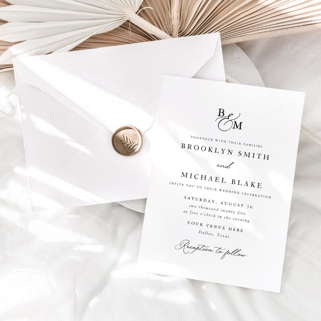 Simple Elegant Black and White Monogram Wedding Invitation (Creator Uploaded)