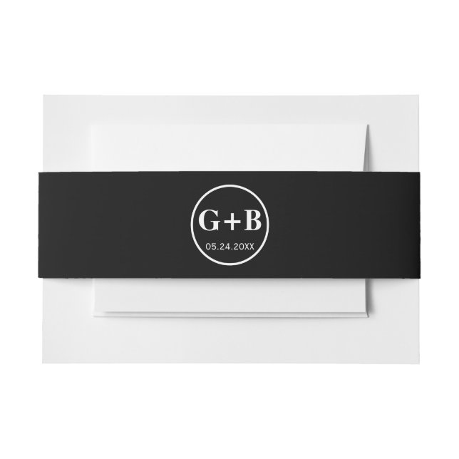 Simple elegant black and white monogram wedding invitation belly band (Front Example)