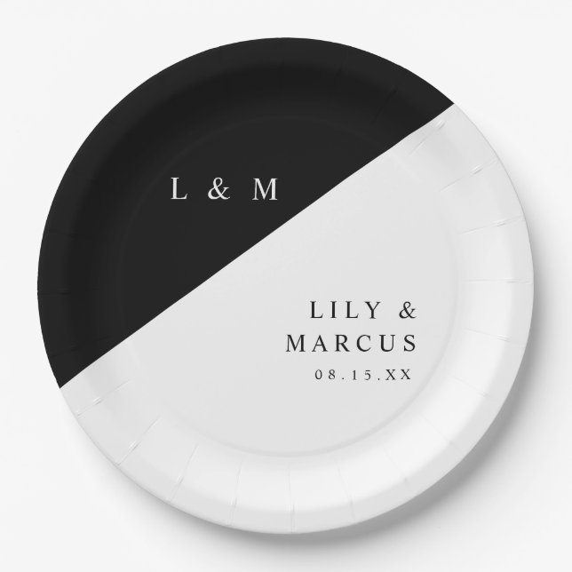 Simple Elegant Black And White Monogram Wedding Paper Plate (Front)