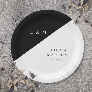 Simple Elegant Black And White Monogram Wedding Paper Plate