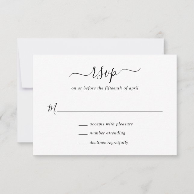Simple Elegant Black and White Script Wedding RSVP Card (Front)