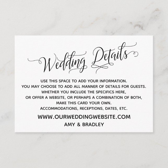 Simple, Elegant Black and White Wedding Details Enclosure Card (Front)