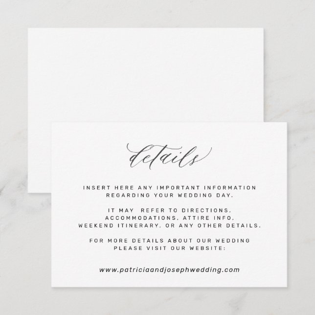 Simple elegant black and white wedding details enclosure card (Front/Back)