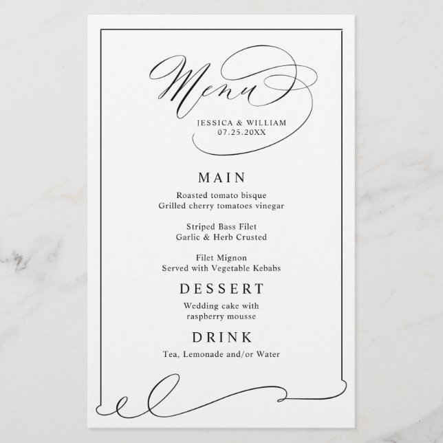 Simple Elegant Black And White Wedding Menu (Front)