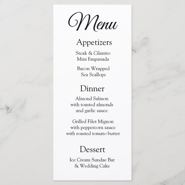 Simple & Elegant Black and White Wedding Menu Card (Front)