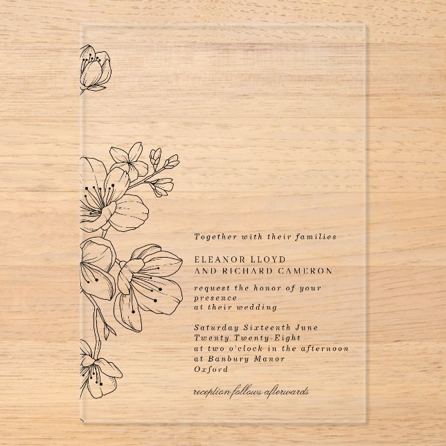 Simple Elegant Black Blossom Floral Wedding Acrylic Invitations (Front)