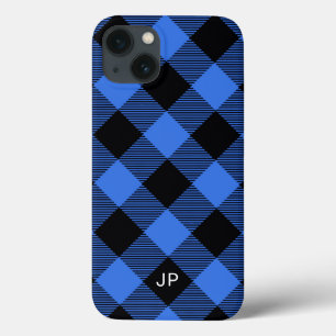Simple Elegant Black Blue Plaid Initials iPhone 13 Case