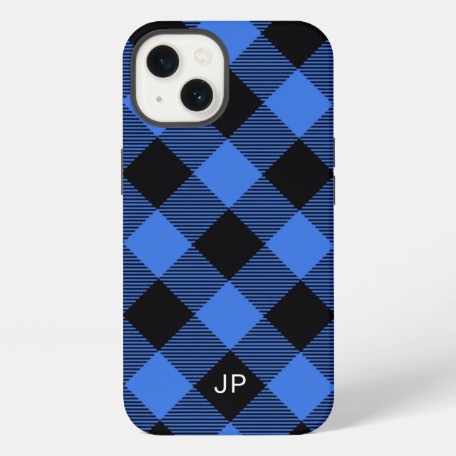 Simple Elegant Black Blue Plaid Initials iPhone Case (Back)