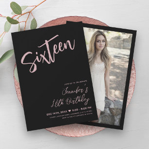 Simple Elegant Black Blush Pink Sweet 16 Script  Invitation