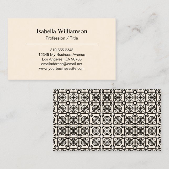 Simple Elegant Black & Cream Spanish Tile Pattern Business Card (Front/Back)