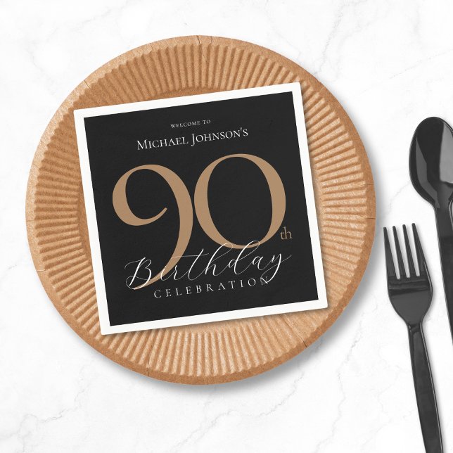 Simple Elegant Black Gold 90th Birthday Napkin (Simple Elegant Black Gold 90th Birthday Napkins)