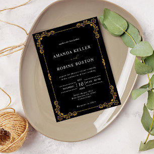 Simple Elegant Black & Gold Floral Wedding Invitation