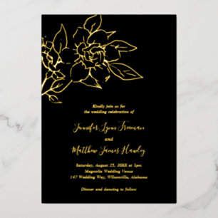 Simple Elegant Black Gold Magnolia Floral Wedding