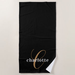 Simple Elegant Black Gold Monogram Beach Towel