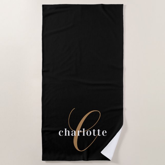 Simple Elegant Black Gold Monogram  Beach Towel (Front)